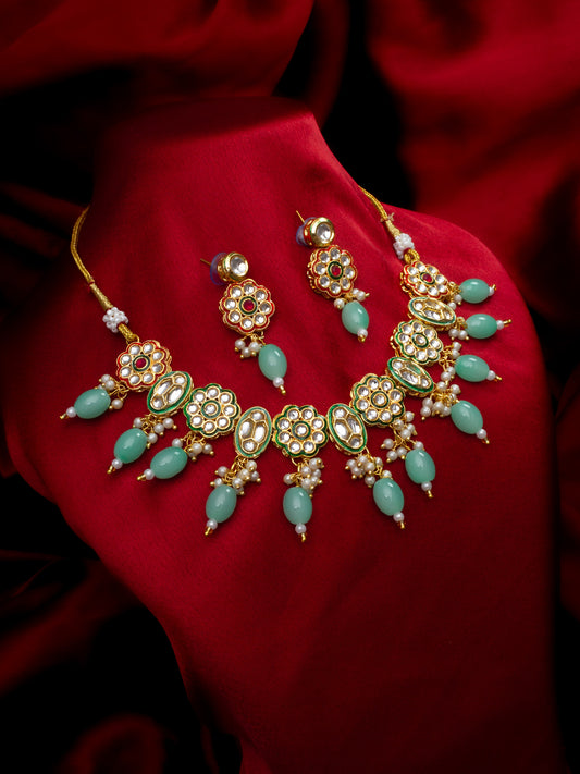 Aadita Gold Plated Mint Green Kundan Necklace Set for Women
