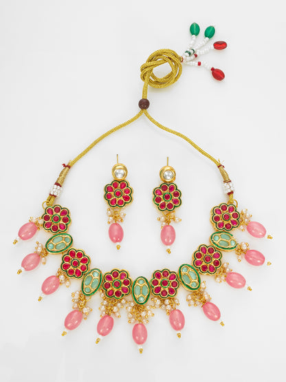 Aadita Gold Plated Kundan Floral Pink Beaded Necklace Set for Women