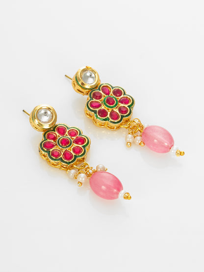 Aadita Gold Plated Kundan Floral Pink Beaded Necklace Set for Women
