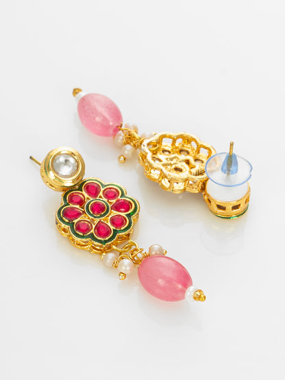 Aadita Gold Plated Kundan Floral Pink Beaded Necklace Set for Women