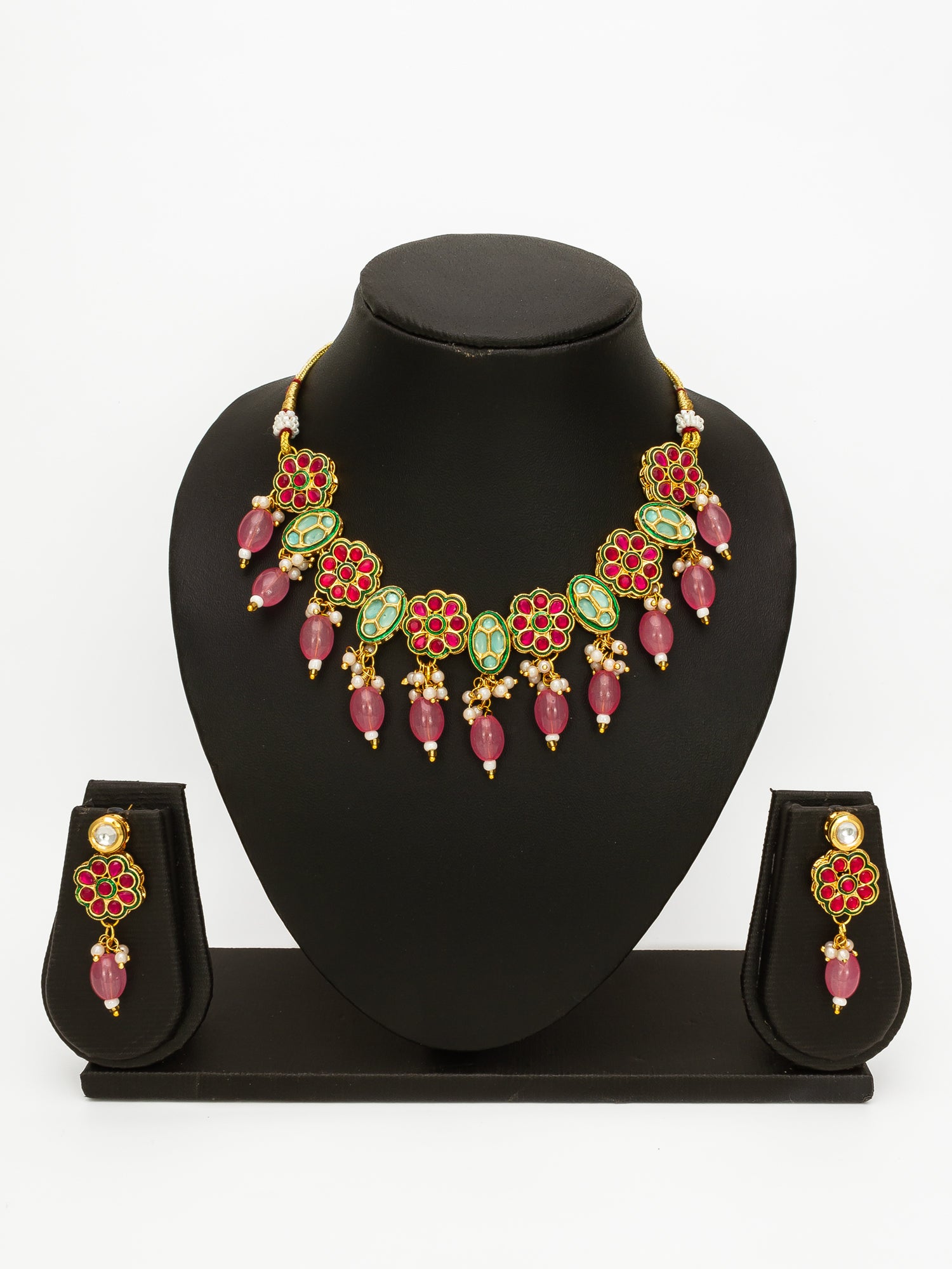 Aadita Gold Plated Kundan Floral Pink Beaded Necklace Set for Women