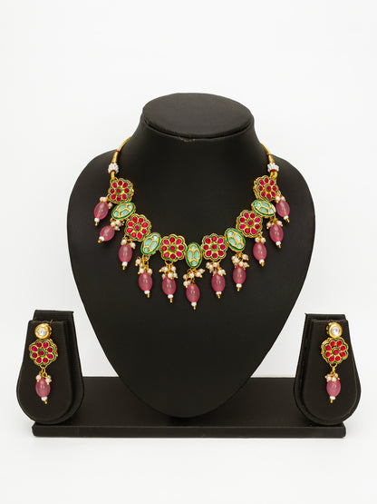 Aadita Gold Plated Kundan Floral Pink Beaded Necklace Set for Women