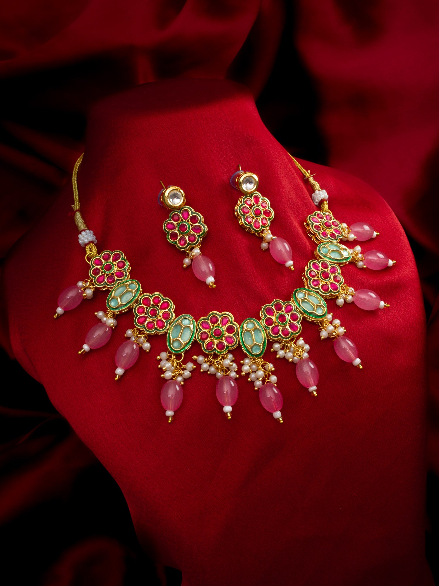 Aadita Gold Plated Kundan Floral Pink Beaded Necklace Set for Women