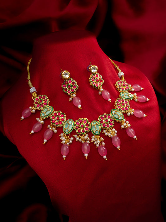 Aadita Gold Plated Kundan Floral Pink Beaded Necklace Set for Women