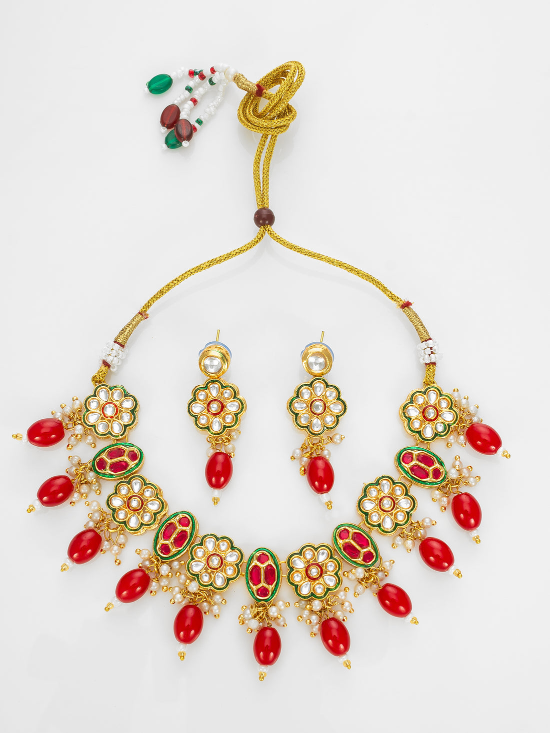 Gold Plated Kundan Floral Necklace Set with Red Beads