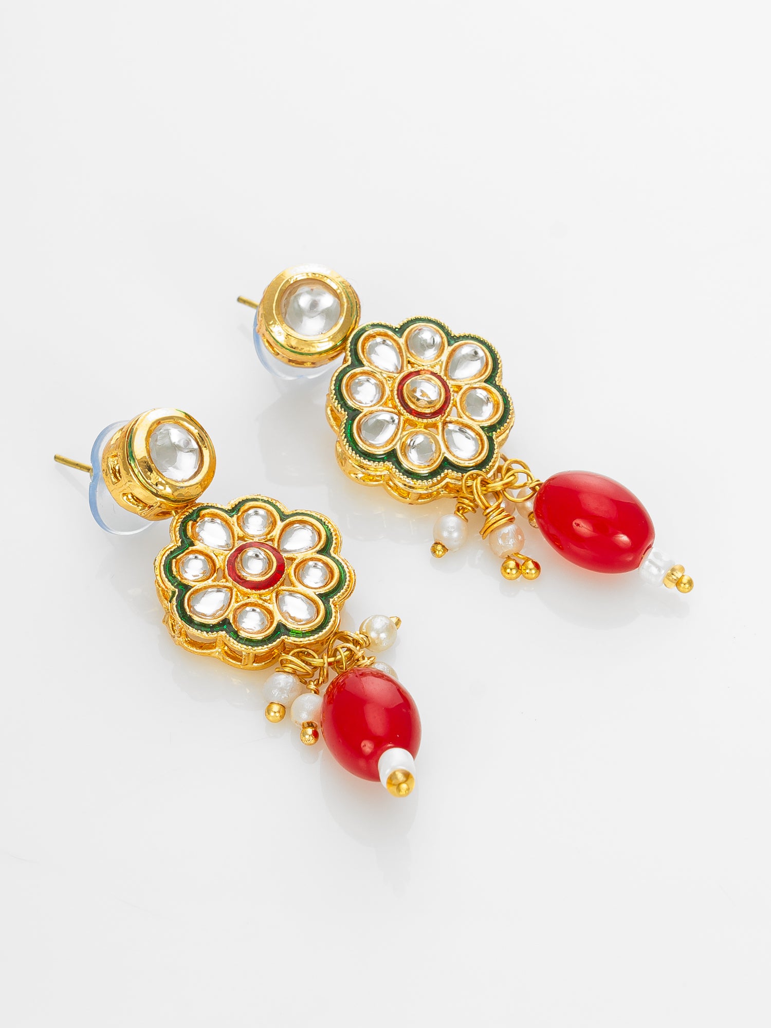 Aadita Gold Plated Kundan Floral Necklace Set with Red Beads
