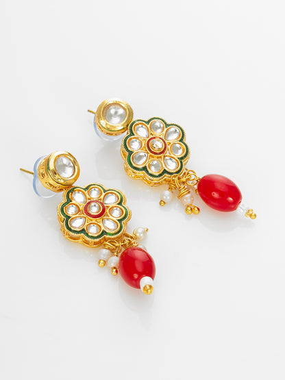 Aadita Gold Plated Kundan Floral Necklace Set with Red Beads