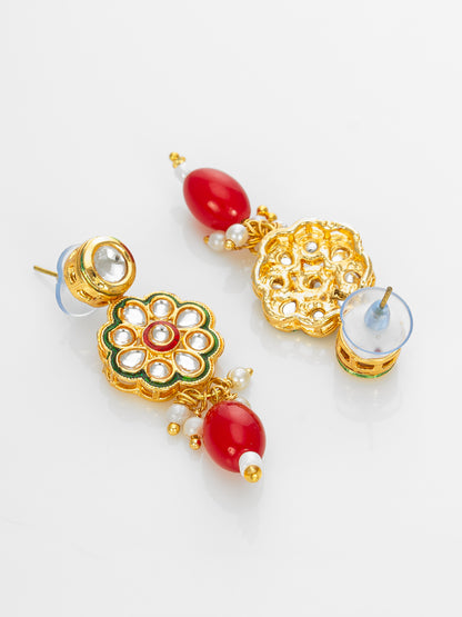 Aadita Gold Plated Kundan Floral Necklace Set with Red Beads