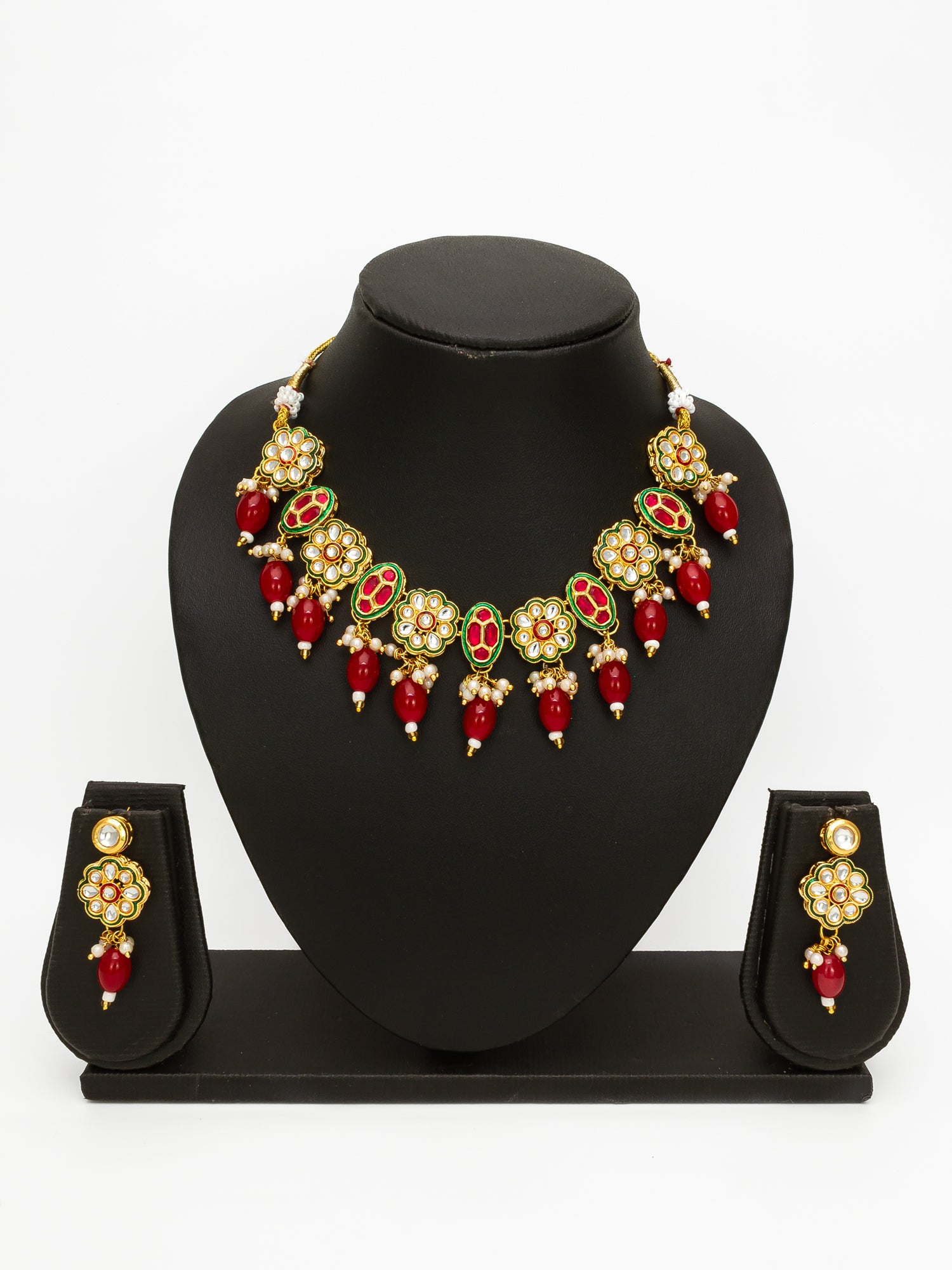 Aadita Gold Plated Kundan Floral Necklace Set with Red Beads