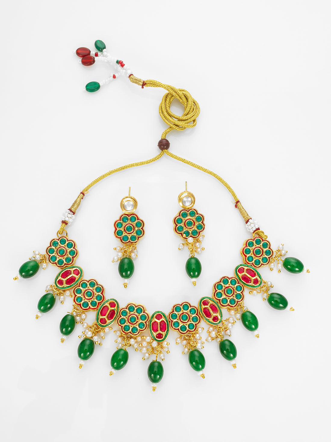 Gold Plated Red & White Kundan Beaded Traditional Necklace Set