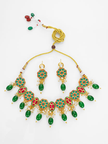 Aadita Gold Plated Red & White Kundan Beaded Traditional Necklace Set