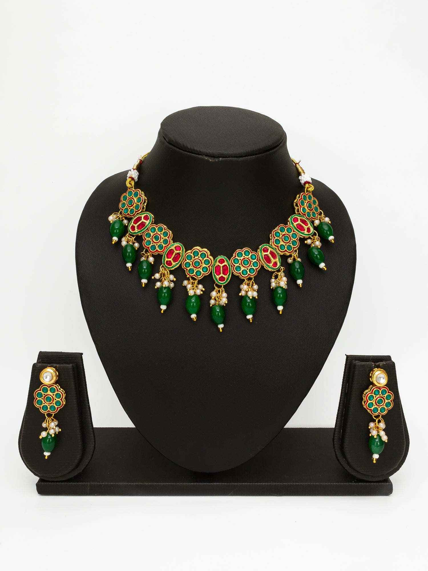 Aadita Gold Plated Red & White Kundan Beaded Traditional Necklace Set