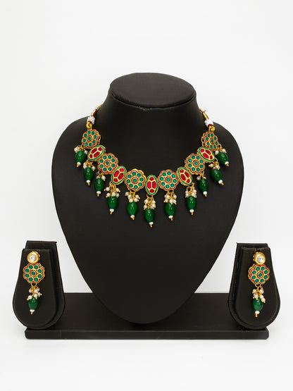 Aadita Gold Plated Red & White Kundan Beaded Traditional Necklace Set
