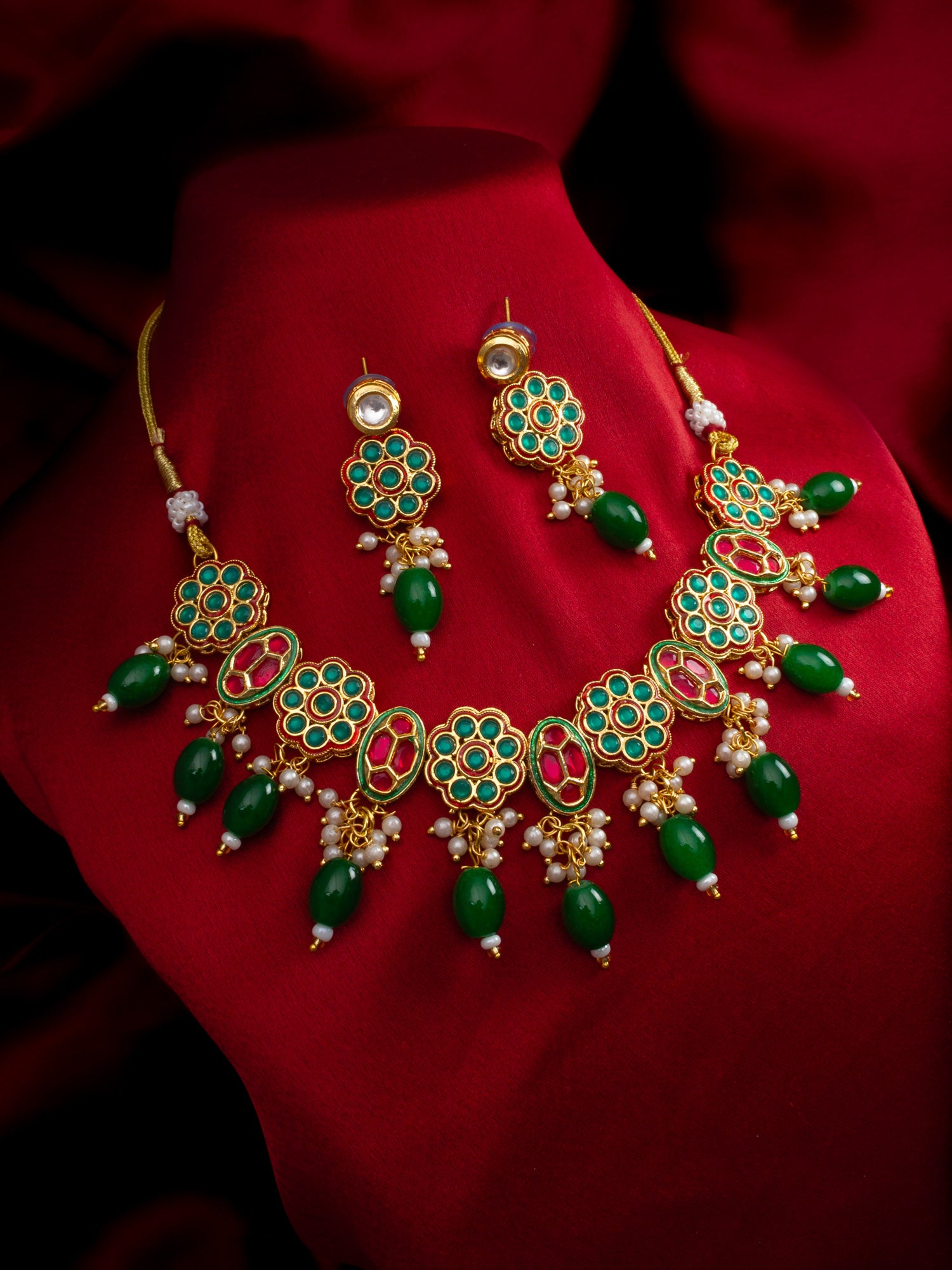 Aadita Gold Plated Red & White Kundan Beaded Traditional Necklace Set