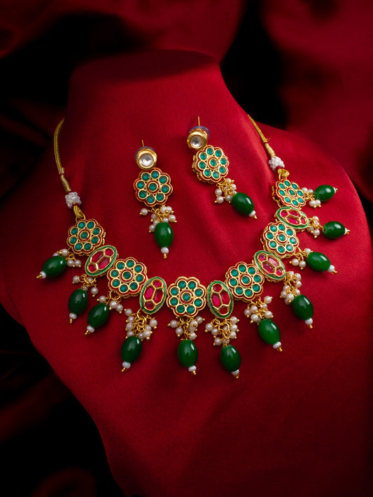 Aadita Gold Plated Red & White Kundan Beaded Traditional Necklace Set