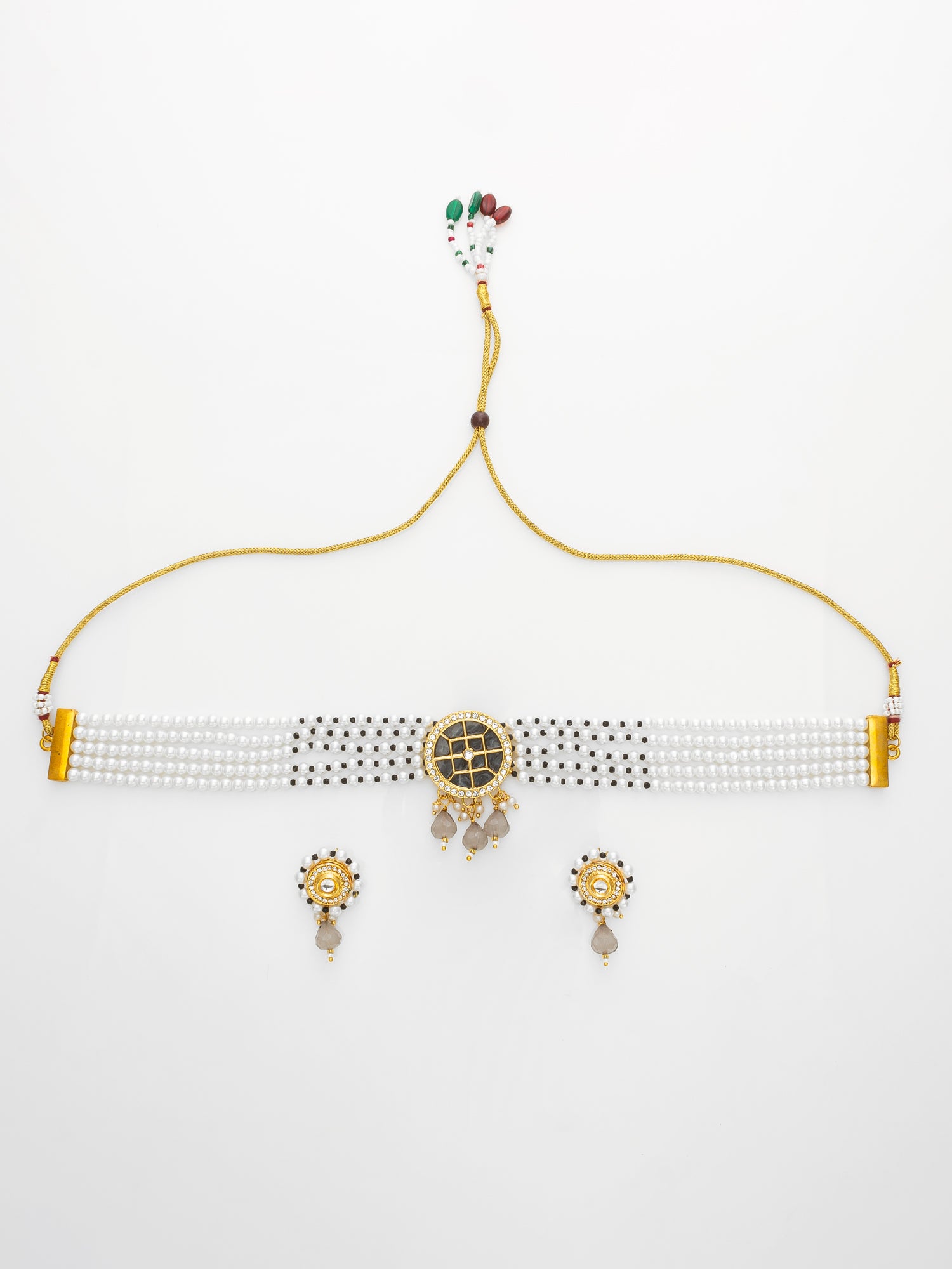 Aadita Traditional White Pearl Choker Necklace Set with Round Black Centerpiece & Earrings