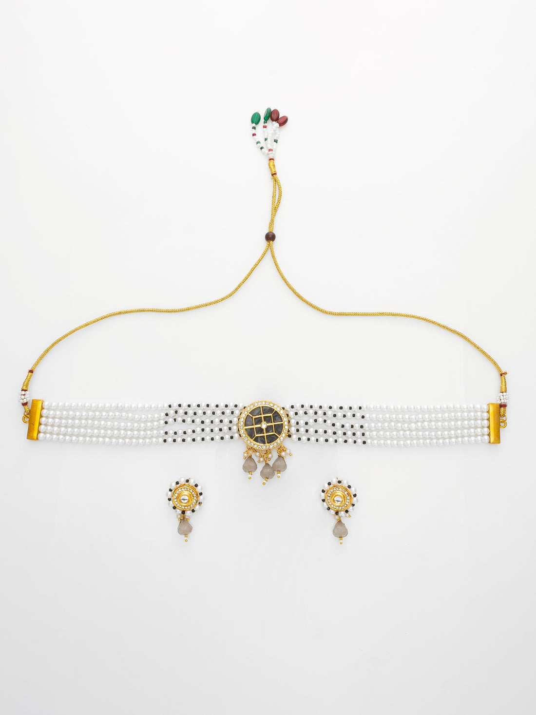 Aadita Traditional White Pearl Choker Necklace Set with Round Black Centerpiece & Earrings