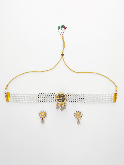 Aadita Traditional White Pearl Choker Necklace Set with Round Black Centerpiece & Earrings