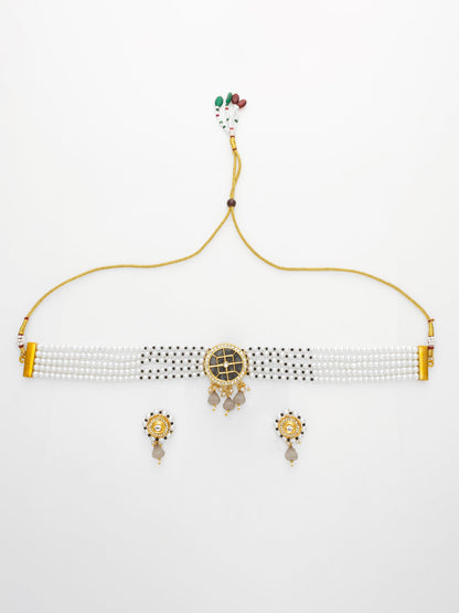 Aadita Traditional White Pearl Choker Necklace Set with Round Black Centerpiece & Earrings WNK4740