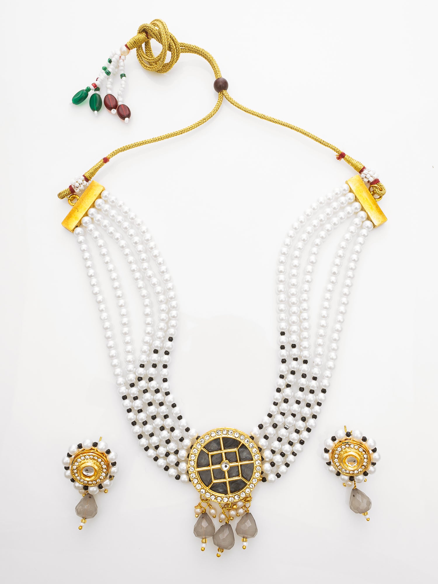 Aadita Traditional White Pearl Choker Necklace Set with Round Black Centerpiece & Earrings