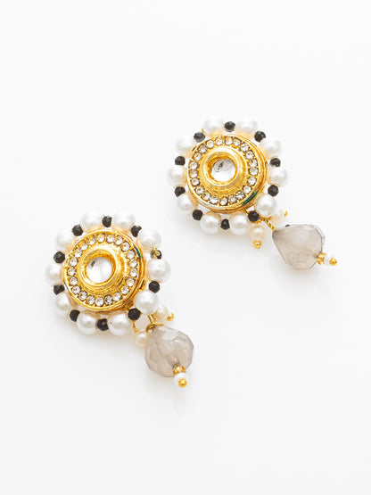 Aadita Traditional White Pearl Choker Necklace Set with Round Black Centerpiece & Earrings