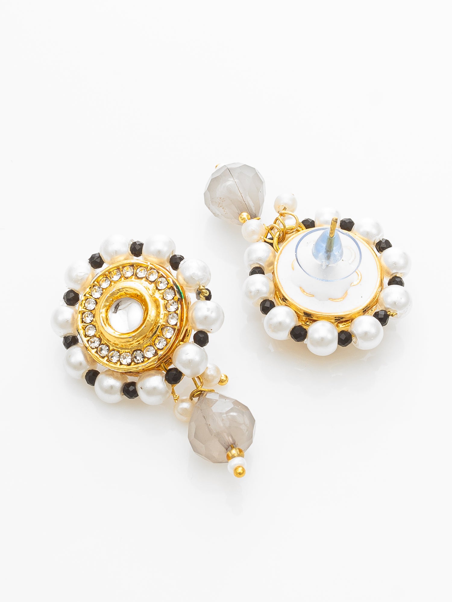 Aadita Traditional White Pearl Choker Necklace Set with Round Black Centerpiece & Earrings