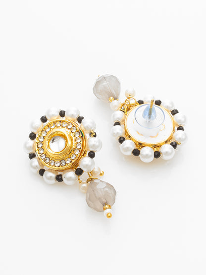 Aadita Traditional White Pearl Choker Necklace Set with Round Black Centerpiece & Earrings