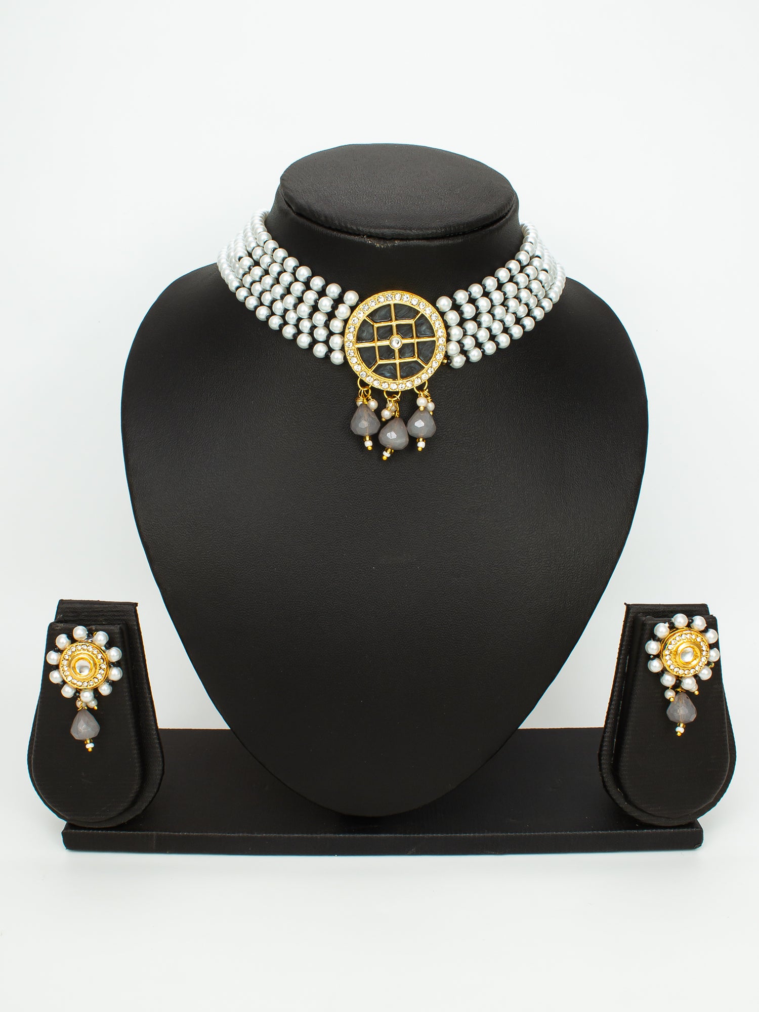 Aadita Traditional White Pearl Choker Necklace Set with Round Black Centerpiece & Earrings