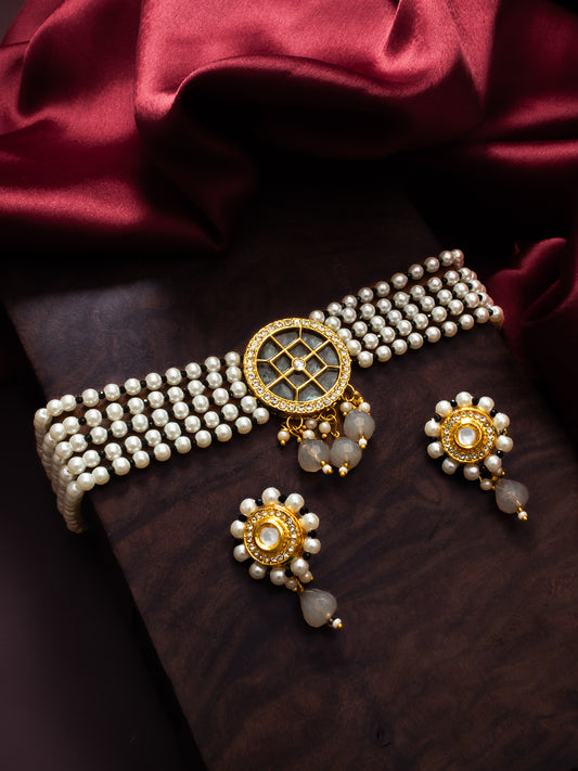 Aadita Traditional White Pearl Choker Necklace Set with Round Black Centerpiece & Earrings