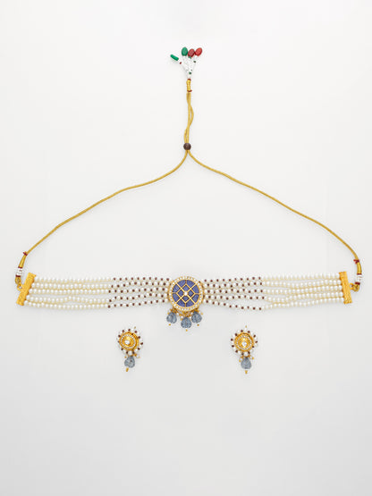 Aadita Gold Plated Blue Center Kundan Choker Necklace Set for Women