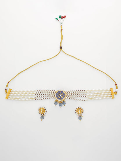 Aadita Gold Plated Blue Center Kundan Choker Necklace Set for Women WNK4741