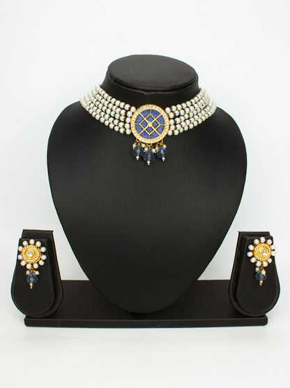 Aadita Gold Plated Blue Center Kundan Choker Necklace Set for Women