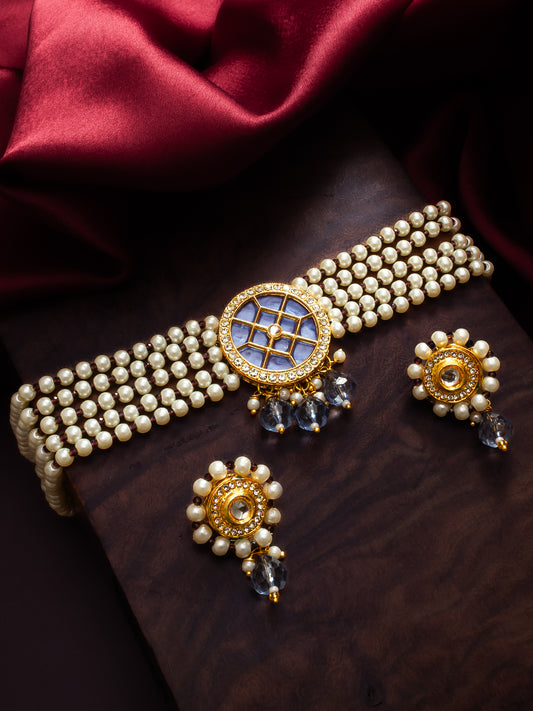 Aadita Gold Plated Blue Center Kundan Choker Necklace Set for Women