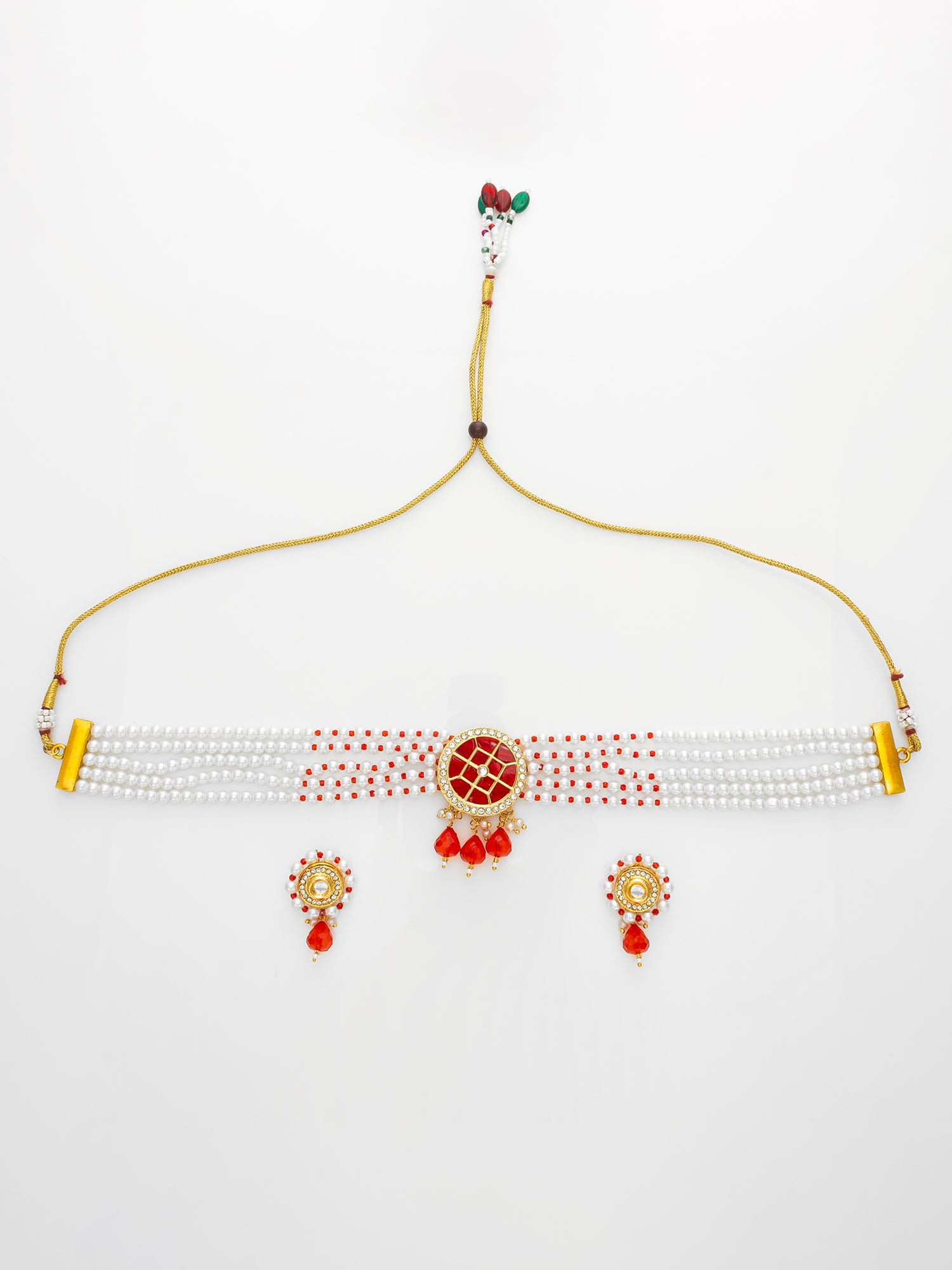 Aadita Red Beaded Kundan Choker Necklace Set with Earrings