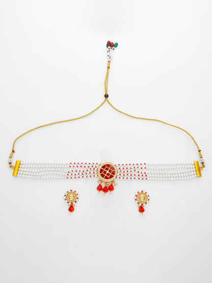 Aadita Red Beaded Kundan Choker Necklace Set with Earrings