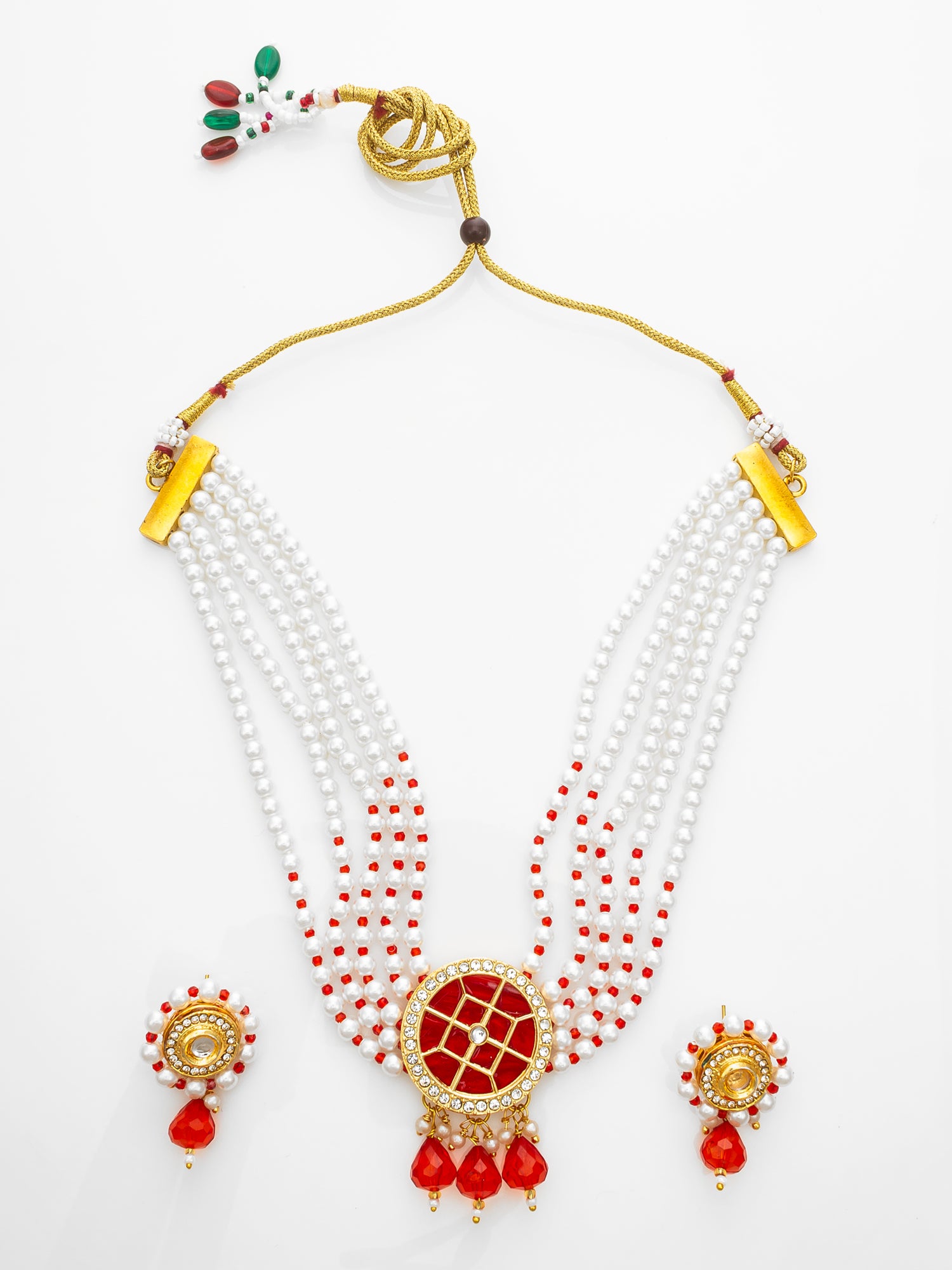 Aadita Red Beaded Kundan Choker Necklace Set with Earrings