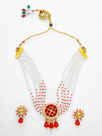 Aadita Red Beaded Kundan Choker Necklace Set with Earrings