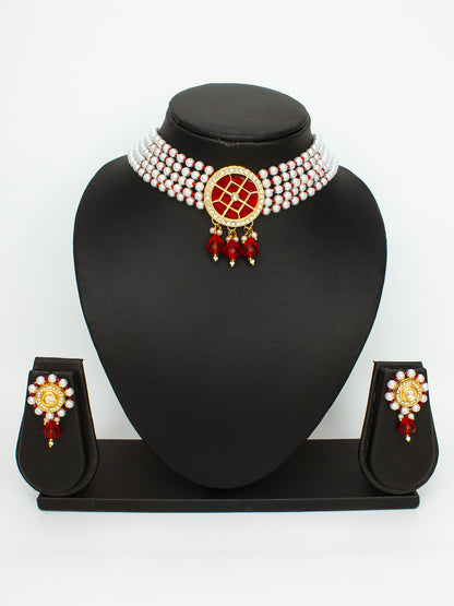 Aadita Red Beaded Kundan Choker Necklace Set with Earrings