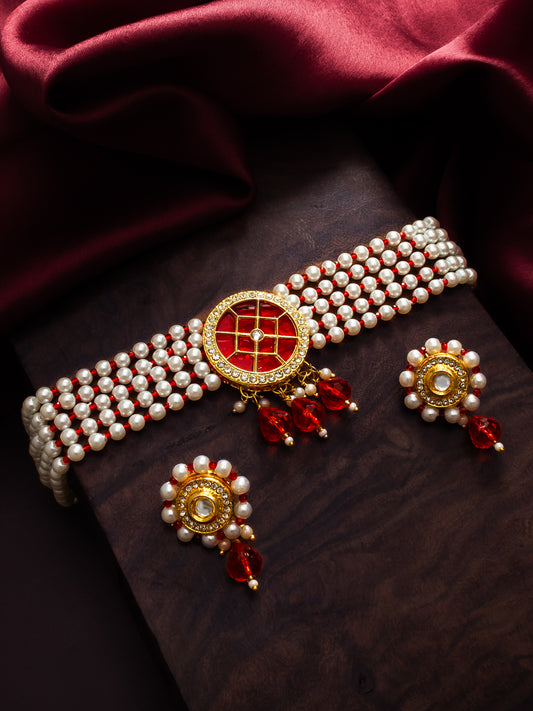 Aadita Red Beaded Kundan Choker Necklace Set with Earrings
