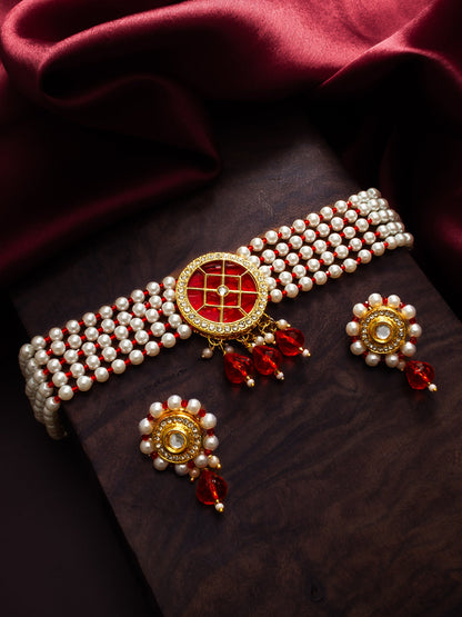 Aadita Red Beaded Kundan Choker Necklace Set with Earrings WNK4742