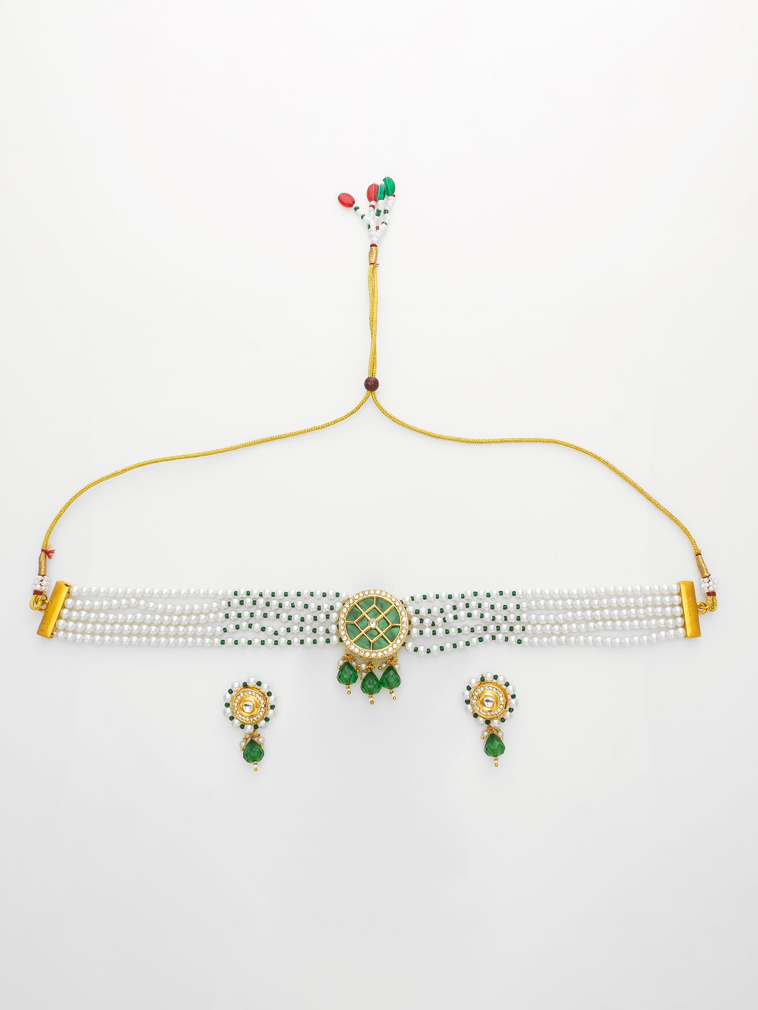 Aadita Gold-Plated Green & White Kundan Choker Necklace Set