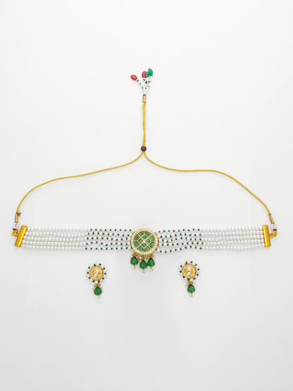 Aadita Gold-Plated Green & White Kundan Choker Necklace Set