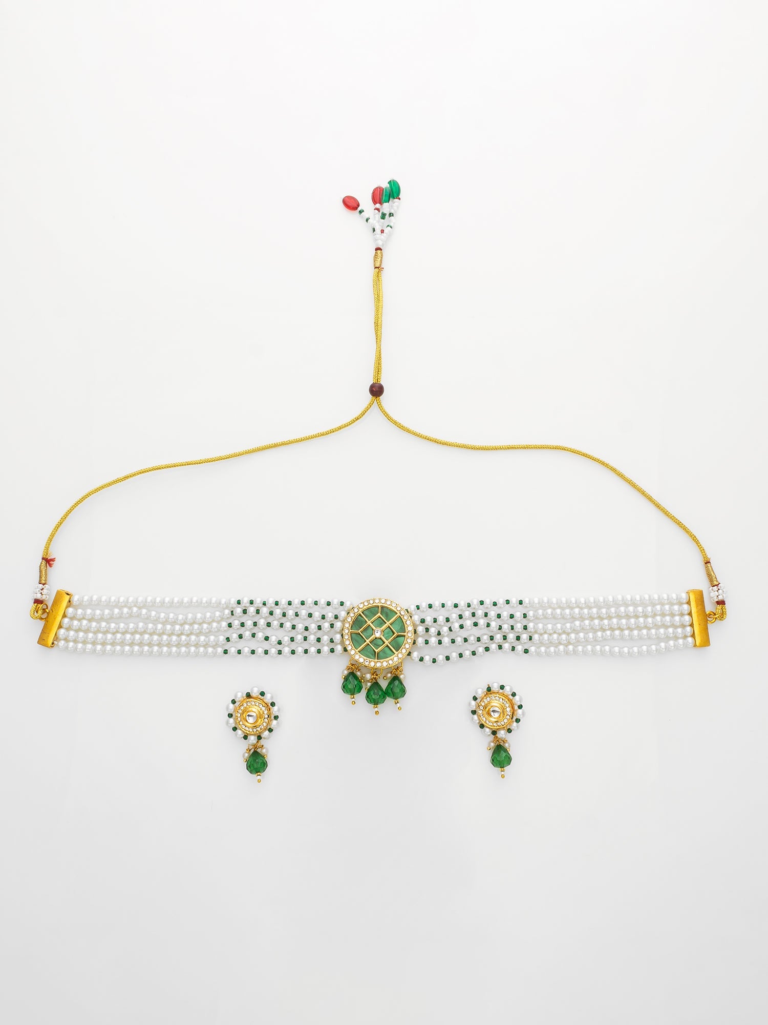 Aadita Gold-Plated Green & White Kundan Choker Necklace Set WNK4743