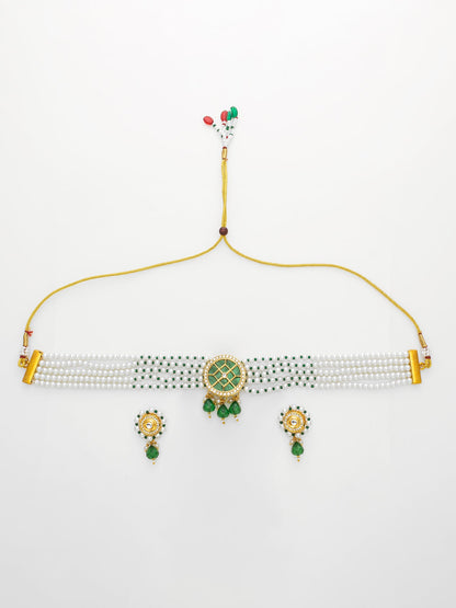 Aadita Gold-Plated Green & White Kundan Choker Necklace Set WNK4743