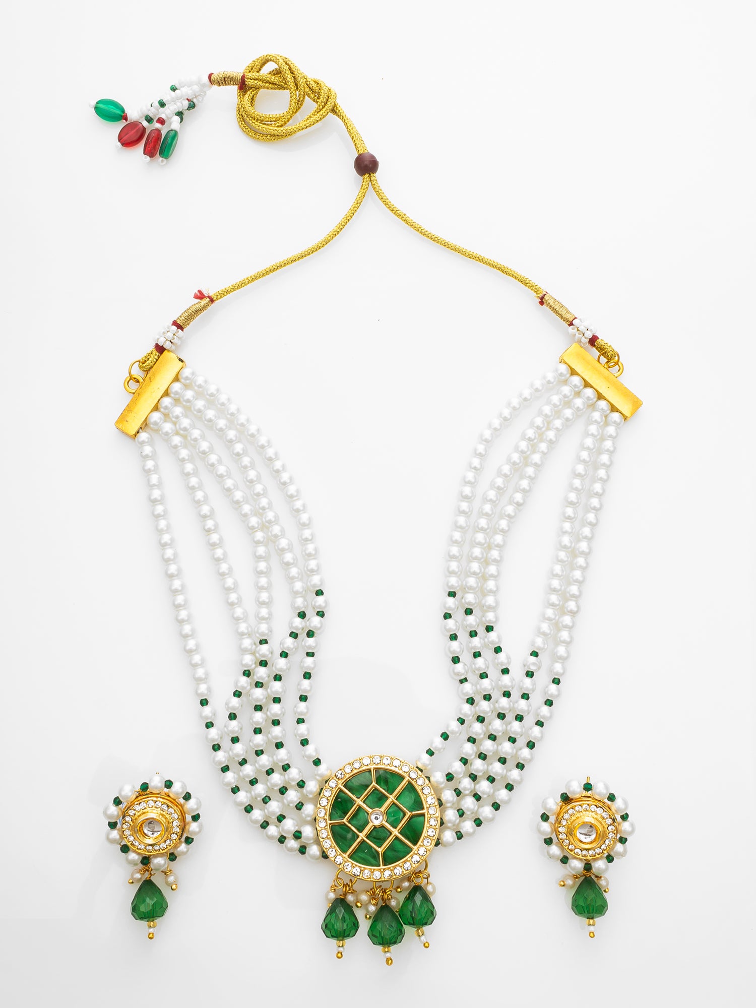 Aadita Gold-Plated Green & White Kundan Choker Necklace Set