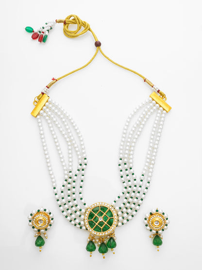 Aadita Gold-Plated Green & White Kundan Choker Necklace Set