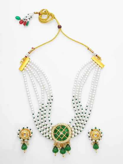 Aadita Gold-Plated Green & White Kundan Choker Necklace Set WNK4743