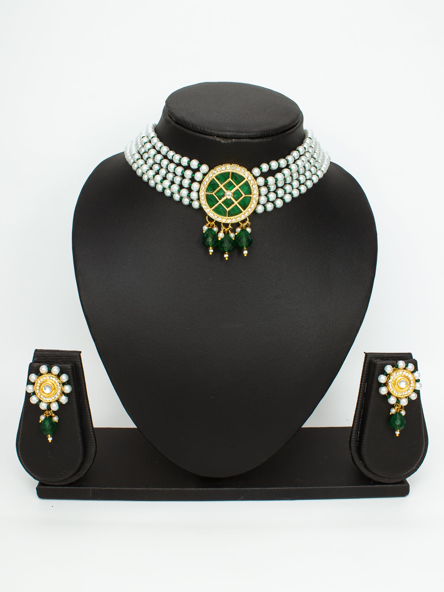 Aadita Gold-Plated Green & White Kundan Choker Necklace Set
