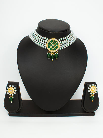 Aadita Gold-Plated Green & White Kundan Choker Necklace Set