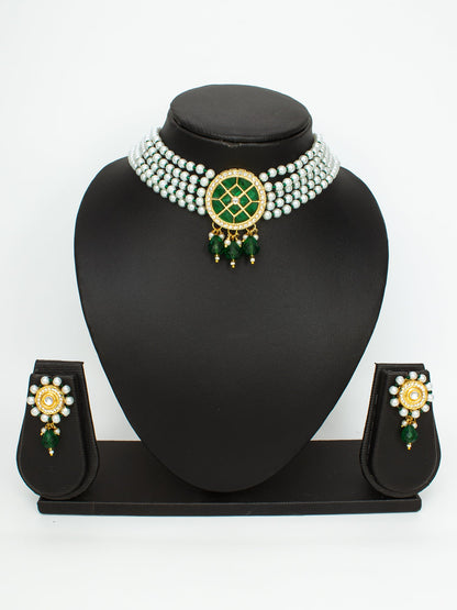 Aadita Gold-Plated Green & White Kundan Choker Necklace Set WNK4743